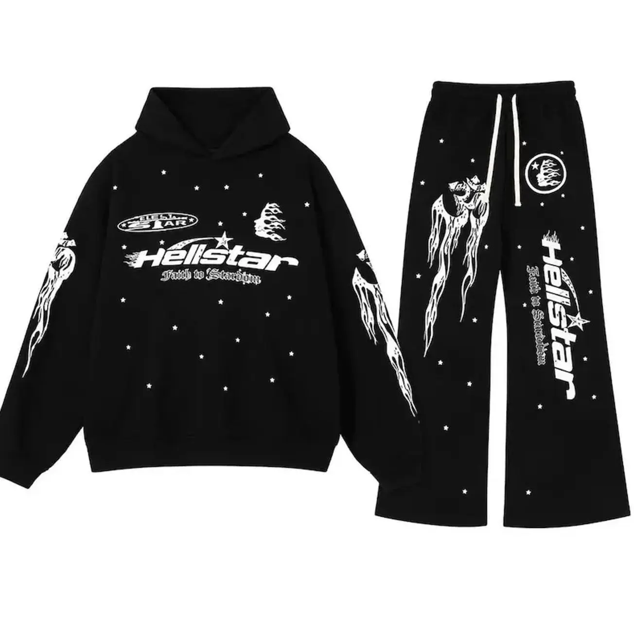 Hellstar Racer Tracksuit Vintage Black Flame Graphic Hoodie Sweatpants Set Oversized Streetwear Jogger Set B