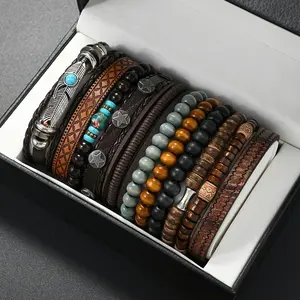 11pcs Turquoise Synthetic Cubic Stone Bracelet Set - Wooden Ring and Chain Gift for Him - Vintage Style Bracelets - Perfect for Daily Wear, Parties, Special Occasions - Party Accessories - Synthetic Stone Bracelets - Bracelet Accessories - For Teenager
