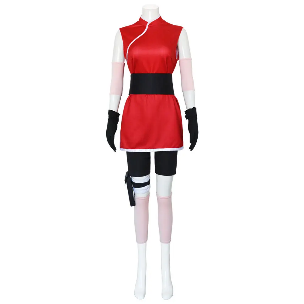 Sakura Red Dress Ninja Costume Set with Belt Shorts Gloves Wrist Guards and Leg Wraps for Women Cosplay