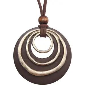 Leather Cord Necklace for Women Men – Multilayer Wooden Pendant, Vintage Boho Long Sweater Necklace Jewelry