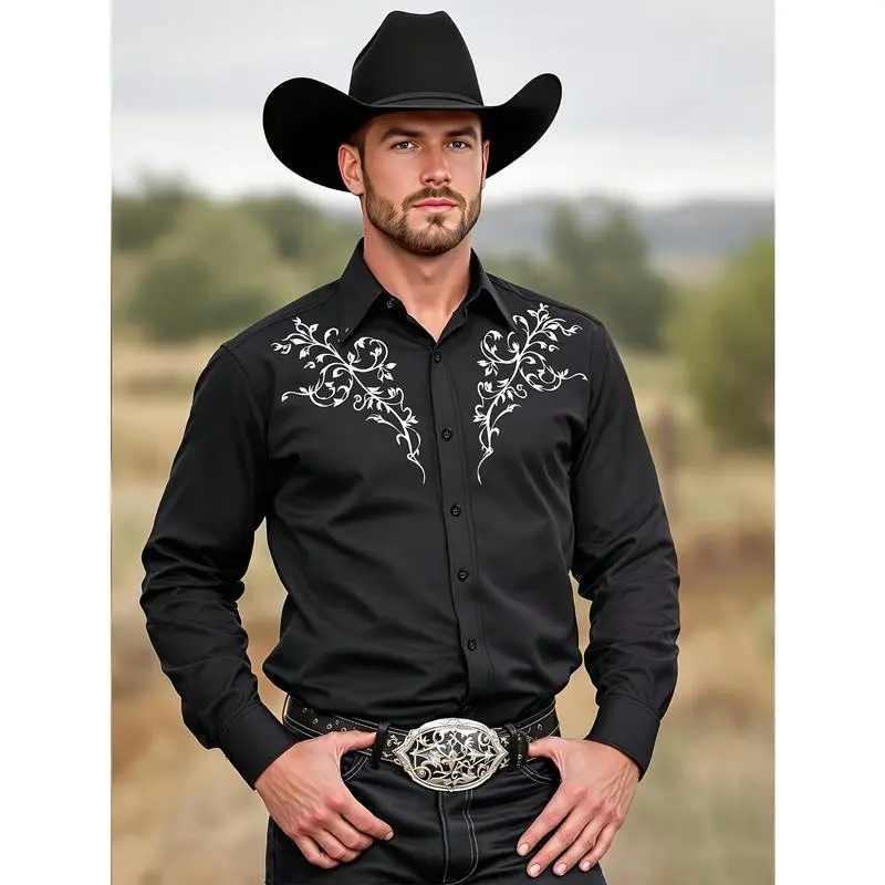 Men'S Black Western Cowboy Shirt - Slim Fit, Long Sleeve, Button-Up with Chest Pockets, Tribal Pattern, All-Season Wear, Perfect for Western-Themed Events, Western Event Attire|   Stylish Men'S Shirt|   Slim Fit Shirt formal menswear