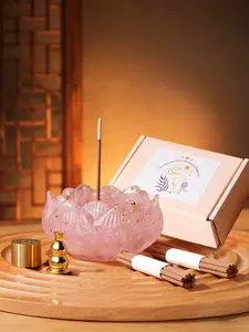 Natural Crystal Rose Quartz Lotus Diffuser Set, Resin Crystal Tools, Complete Meditation and Home Aromatherapy Kit, Essential Oil Holder