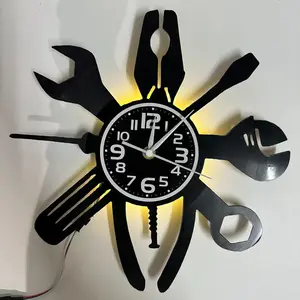 Colorful Retro Vinyl Record Wall Clock Decorative, Wrench Design, Industrial Style, LED Seven Colors, Silent, Remote Control, Ideal Gift for Garage Enthusiasts