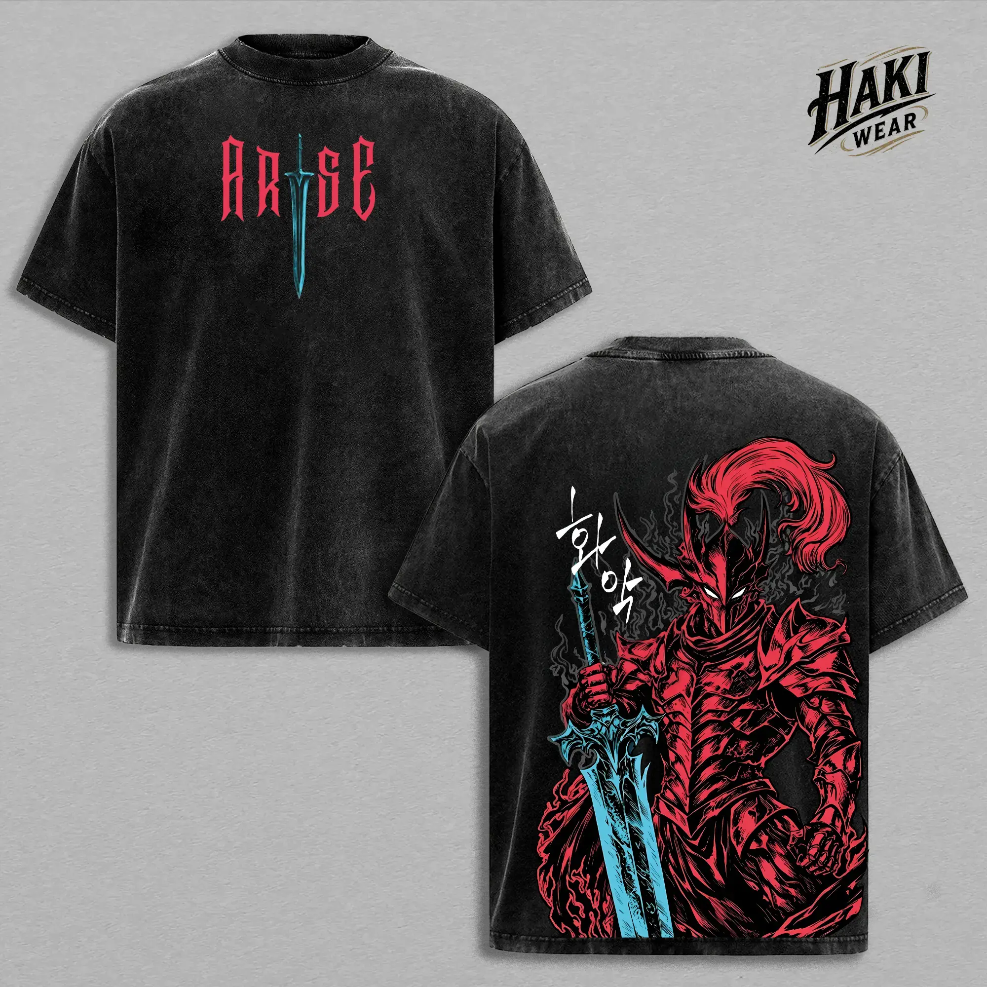 Solo Leveling Igris Vintage Washed Oversized T-Shirt Heavy Cotton Streetwear, Shadow Knight Commander Anime Graphic Tee Double Printed Silent Blade Loyalty Theme, Perfect Unisex Anime Fan Gift Y2K Grunge Aesthetic Japanese Manga Merch Casual Apparel Top