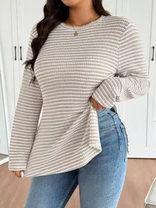 Plus Size Women's Striped Round Neck Knit T-Shirt, Side Split Design, Comfortable Casual Plus Size Tee, Fall Fashion for Women, Womenswear Clothes, Knitted Tops