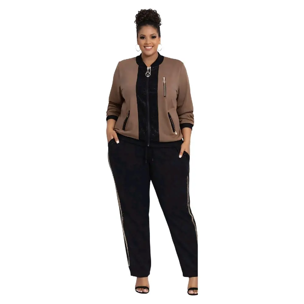 Lovely Top and Pants Set - Brown Bomber Jacket with Black Trim & Black Pants with Gold Stripes