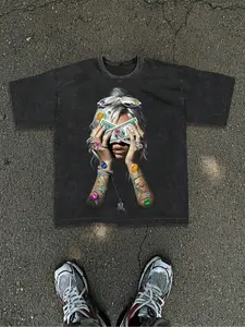 Unisex's Cartoon Face Print Round Neck Casual Style Graphic Tee, Vintage Trendy Casual Short Sleeve T-shirt for Daily Wear, Ladies All Seasons Clothes, Going Out Tops, Casual Streetwear Top, Cotton,  Men's T Shirts