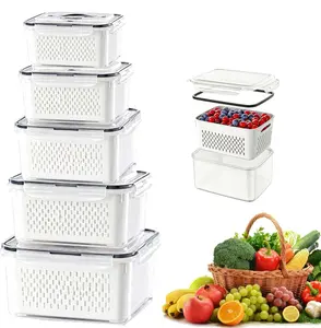 5Pcs Food And Fruit Storage Containers, Household Transparent Plastic Food Storage Boxes - Includes Drainage Basket, Reusable Multi-Purpose Sealed Storage Basket For Washing Vegetables And Fruits, Home Vegetable And Fruit Draining Basket.