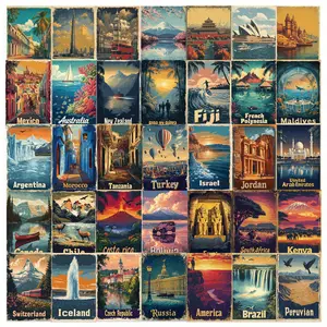 50pcs Cartoon Retro Travel Poster Series Stickers, Suitable for Faith Based Designs Such As Scrapbooks, Diaries, Laptops, Water Bottles, Cars, As Gifts with Positive Information, Universal Car Sticker