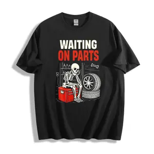 Casual Graphic Unisex T-Shirt With Skeleton Waiting On Parts Text And Car Repair Scene For Automotive Enthusiasts Summer Wear Gift For Mechanic Friends