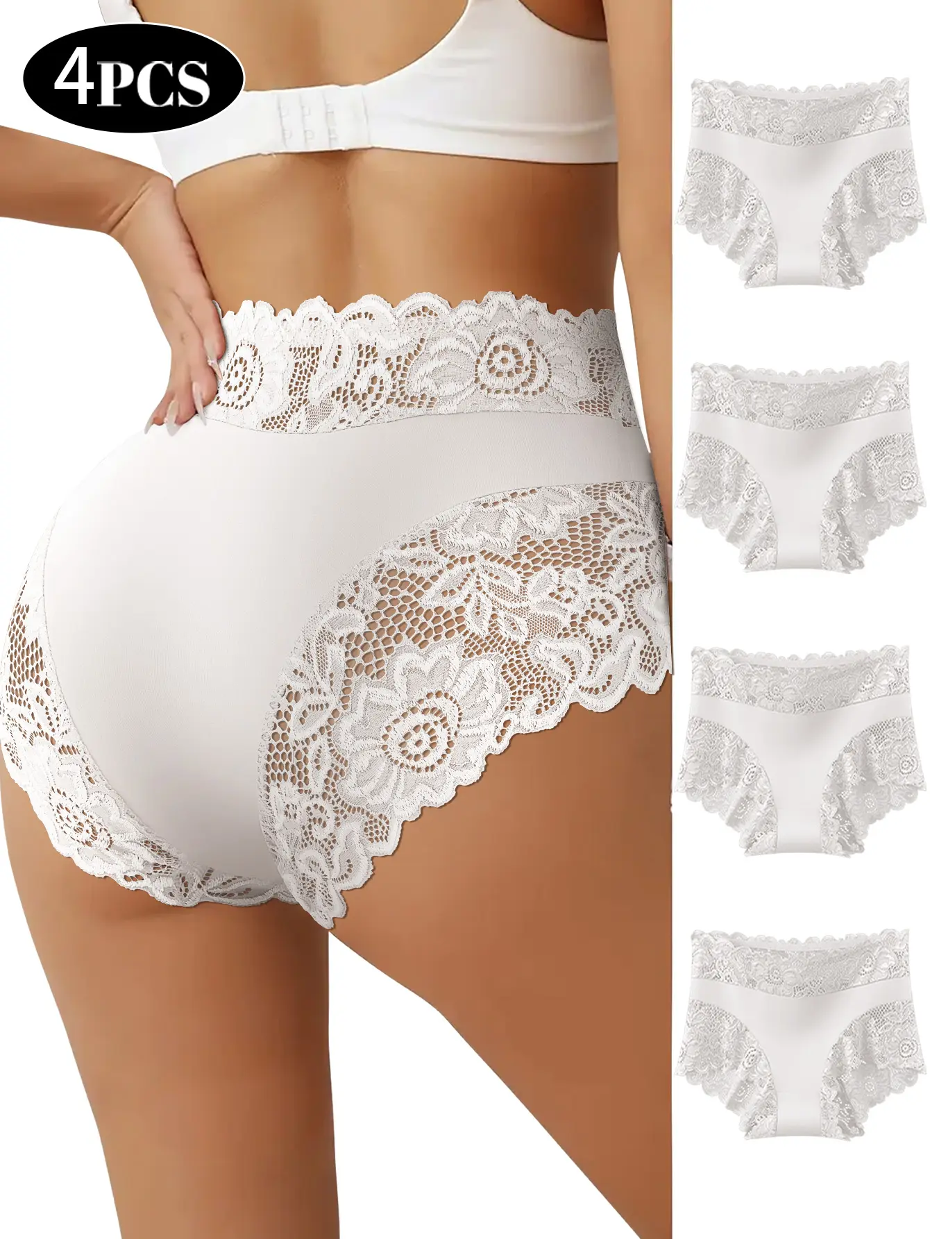 QUASTI 4-Piece White Mid-Waist Elegance Lace Ultra-Thin Women's Panties, Fashionable Lace Design, Soft, Comfortable Fabric, Breathable, Silky, Skin-Friendly Womenswear, Sizes S-XXL