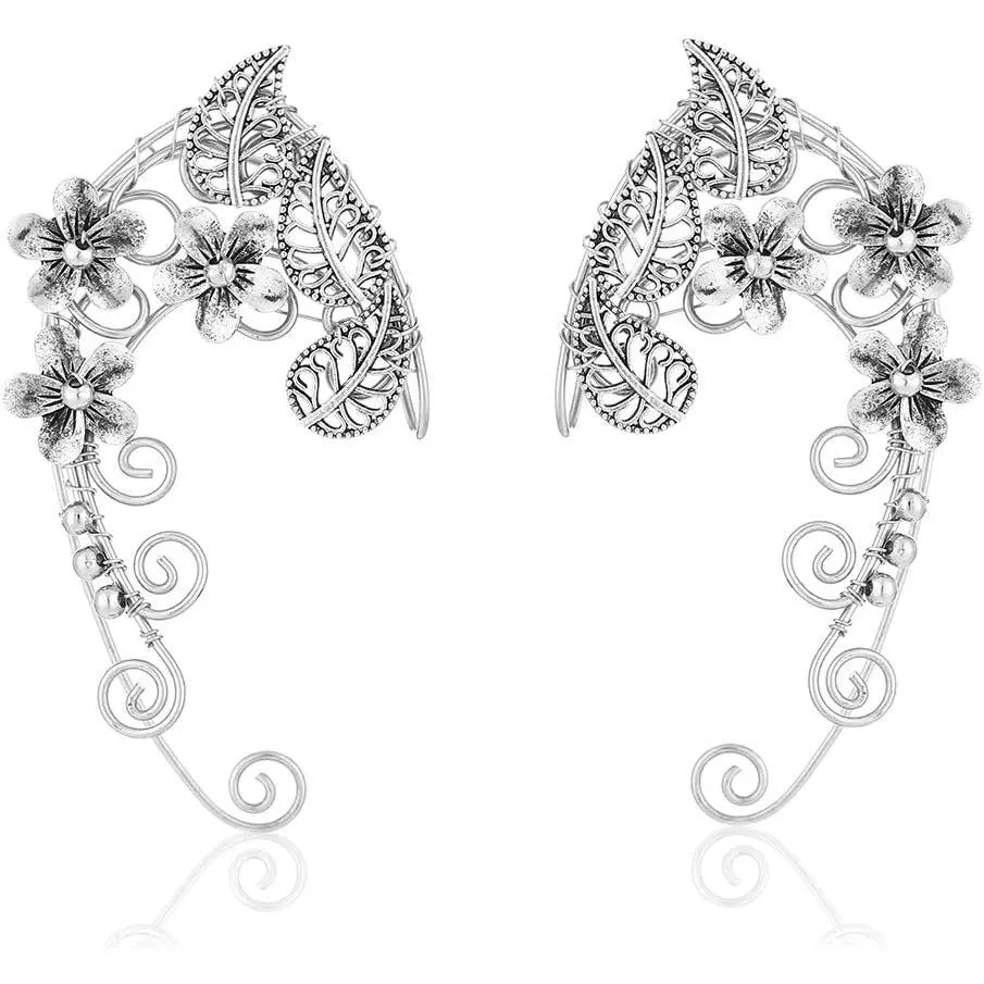 Elven Ear Cuffs for Women, Handmade Elf Fairy Earrings Cuff Wrap Clip-on Filigree Earrings for Fantasy Fairy Halloween Costume, Cosplay, Wedding, Handcraft (Silver)