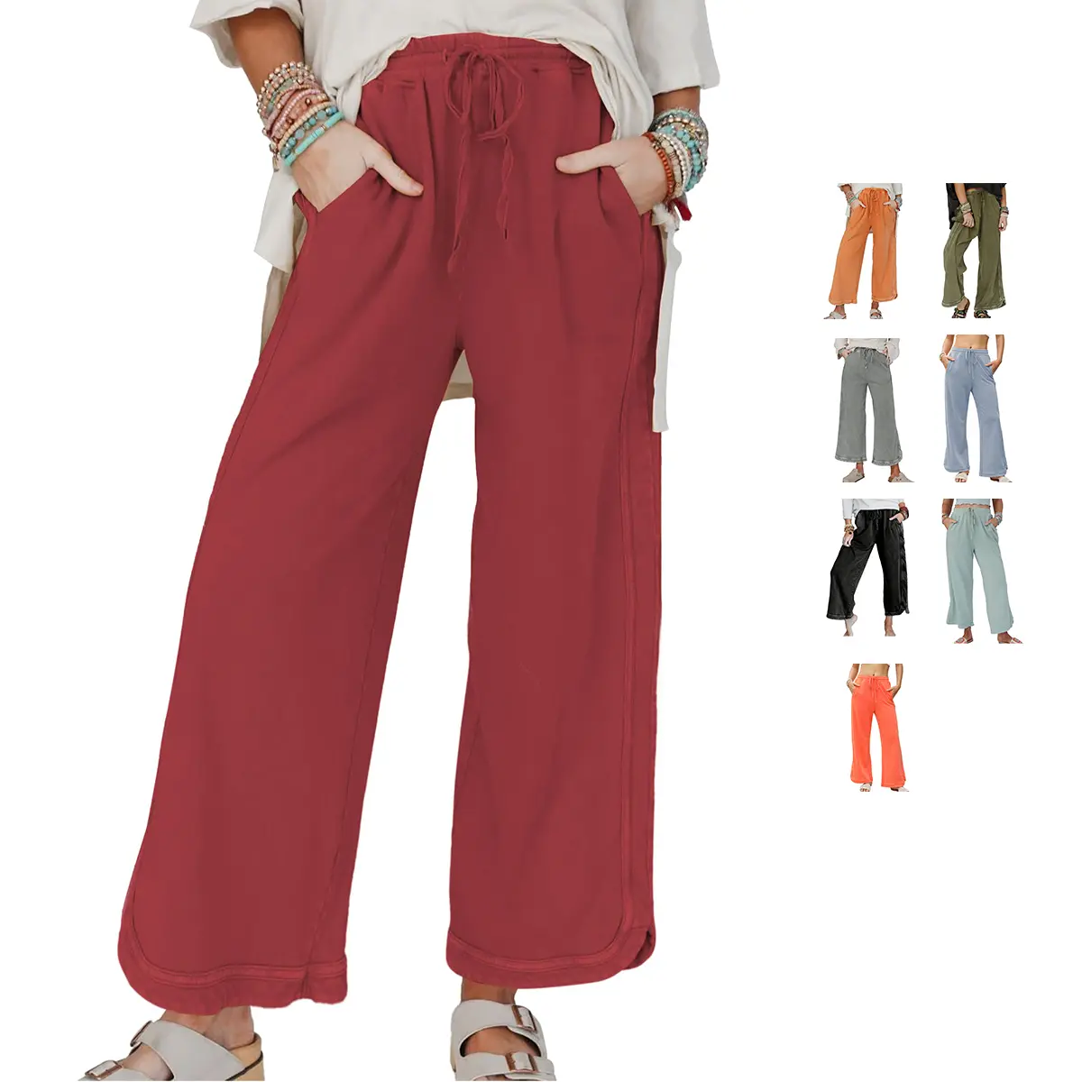 MaLinfandor Women's Casual Wide Leg Sweatpants High Waist Baggy Acid Wash Pants Drawstring Athletic Palazzo Pants with Pockets