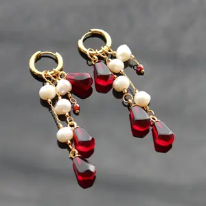 Drop Pomegranate and Pearl Earrings for Women - Fashion Accessory