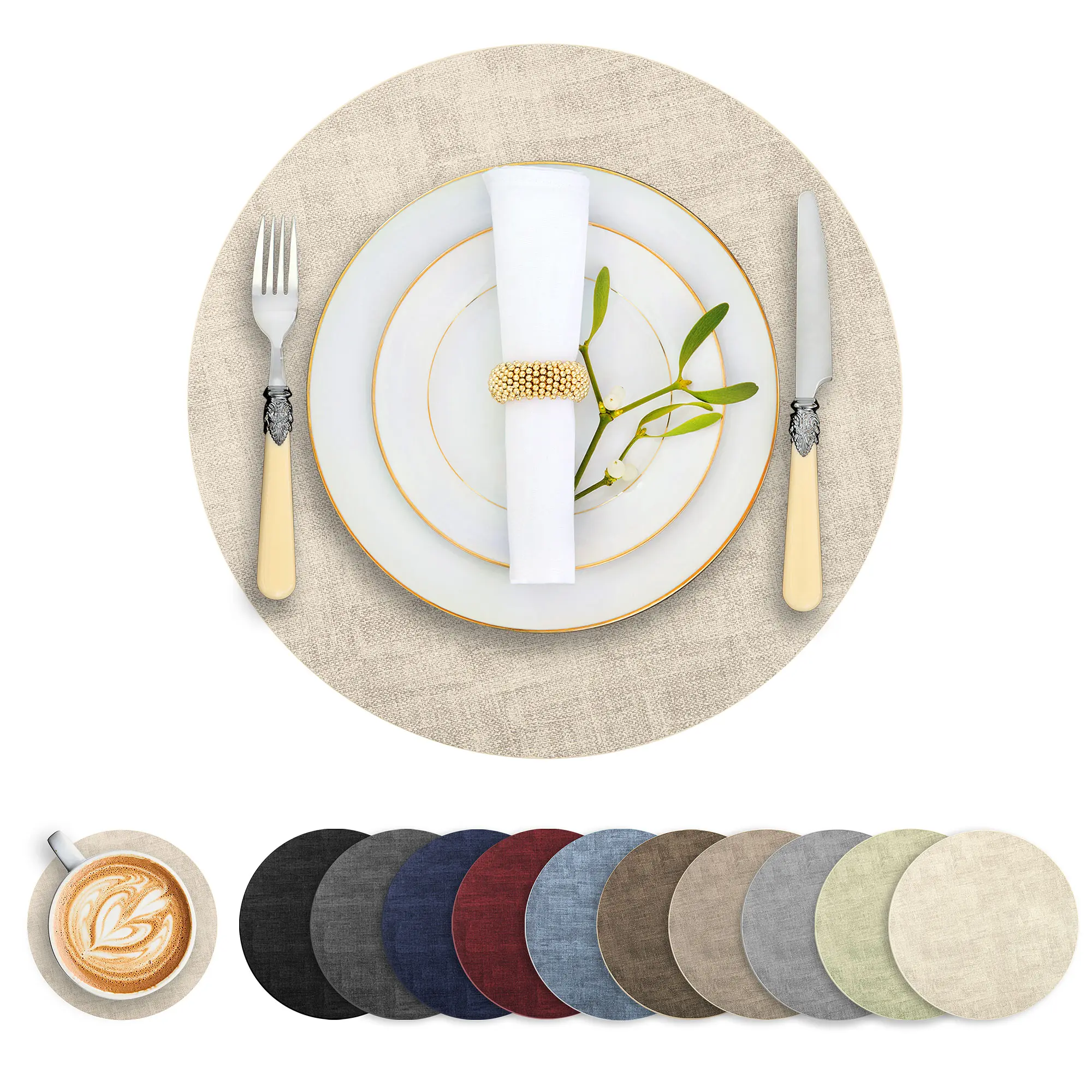Stylish Round Faux Leather Placemats & Coasters Set (6 Placemats with Coasters), Reversible Tableware - Heat-Resistant, Waterproof, Non-Slip, Washable, Wipeable for Indoor/Outdoor Dining (Multiple Colors)