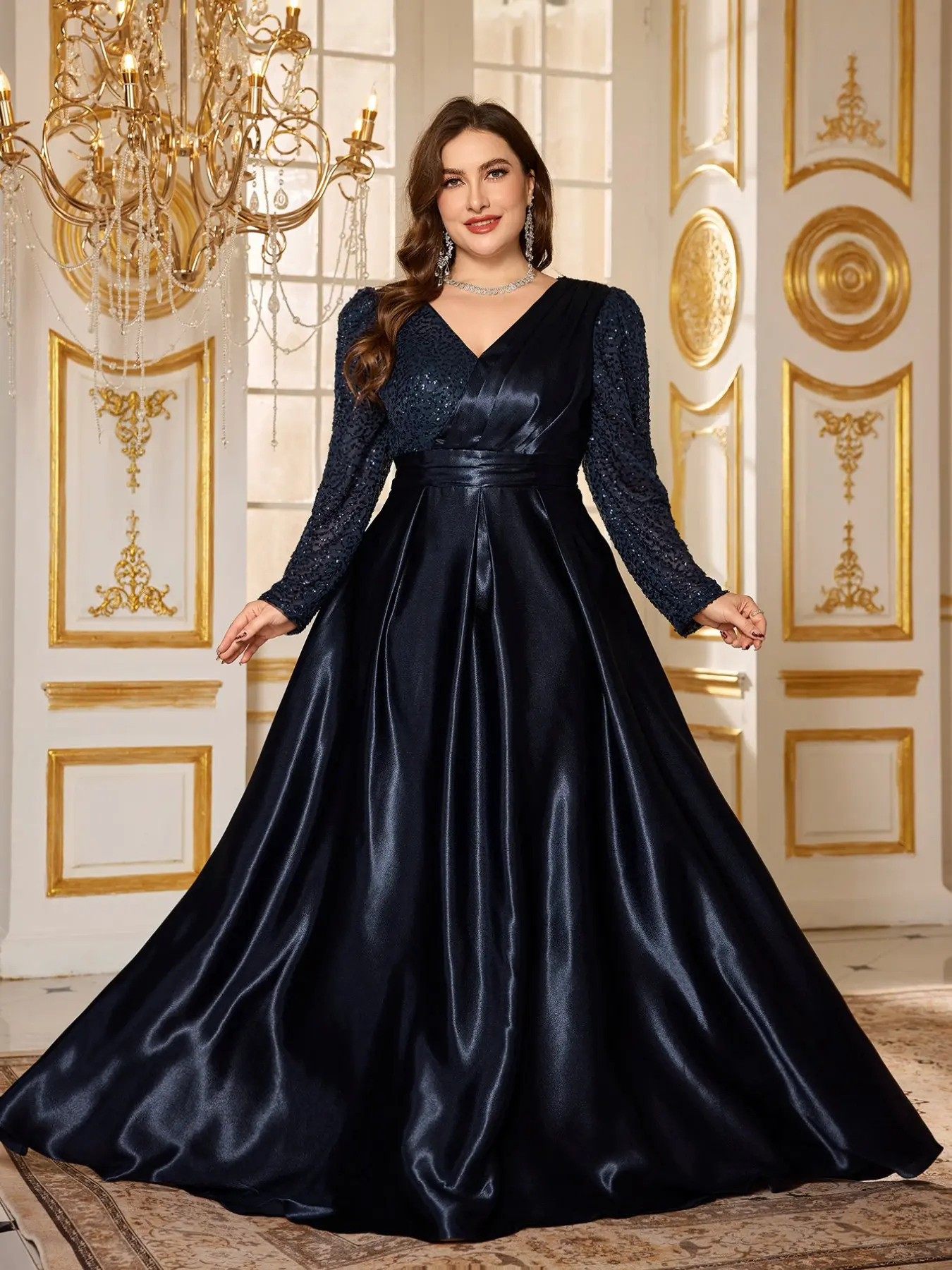 Elegant V Neck Sequin Straight Sleeve Waist Cinched Ruffled Hem Evening Formal Wear Party Dress, Luxurious Ball Gown for Special Occasions