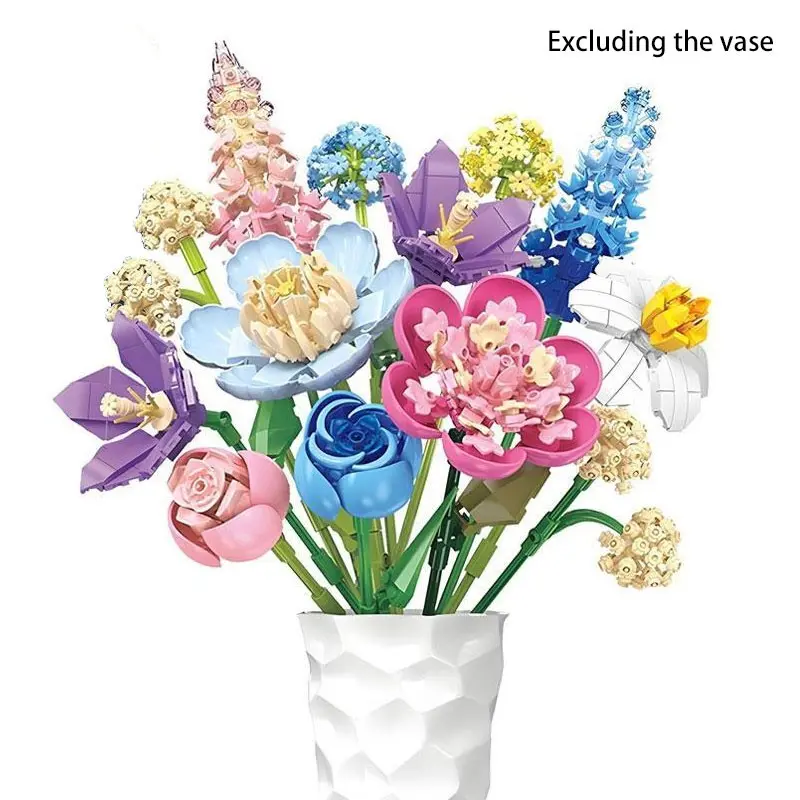 865-Pcs Bouquet Building Blocks (Without Vase) – DIY Creative Assembly Toy, Mini Permanent Flowers. Ideal for Christmas, Halloween, Birthdays, Valentine's Day, Thanksgiving Gifts, and for Adults. Home Decoration (Vase Not Included).