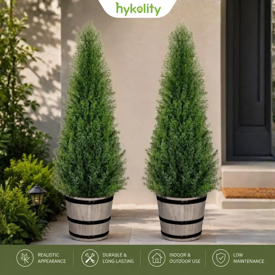 [Set of 2] 3FT Artificial Cedar Topiary Trees with Rustic Barrel Planter, Faux Indoor Outdoor Pine Shrubs, Realistic Fake Cypress Plants for Home, Office & Porch Decor