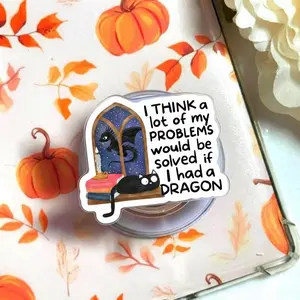 Bookish Dragon Black Cat MagSafe Phone Grip, Cozy Reading Aesthetic Pop Socket, Fantasy Magnetic Holder Stand for iPhone Kindle, Retro Book Lover Gift1