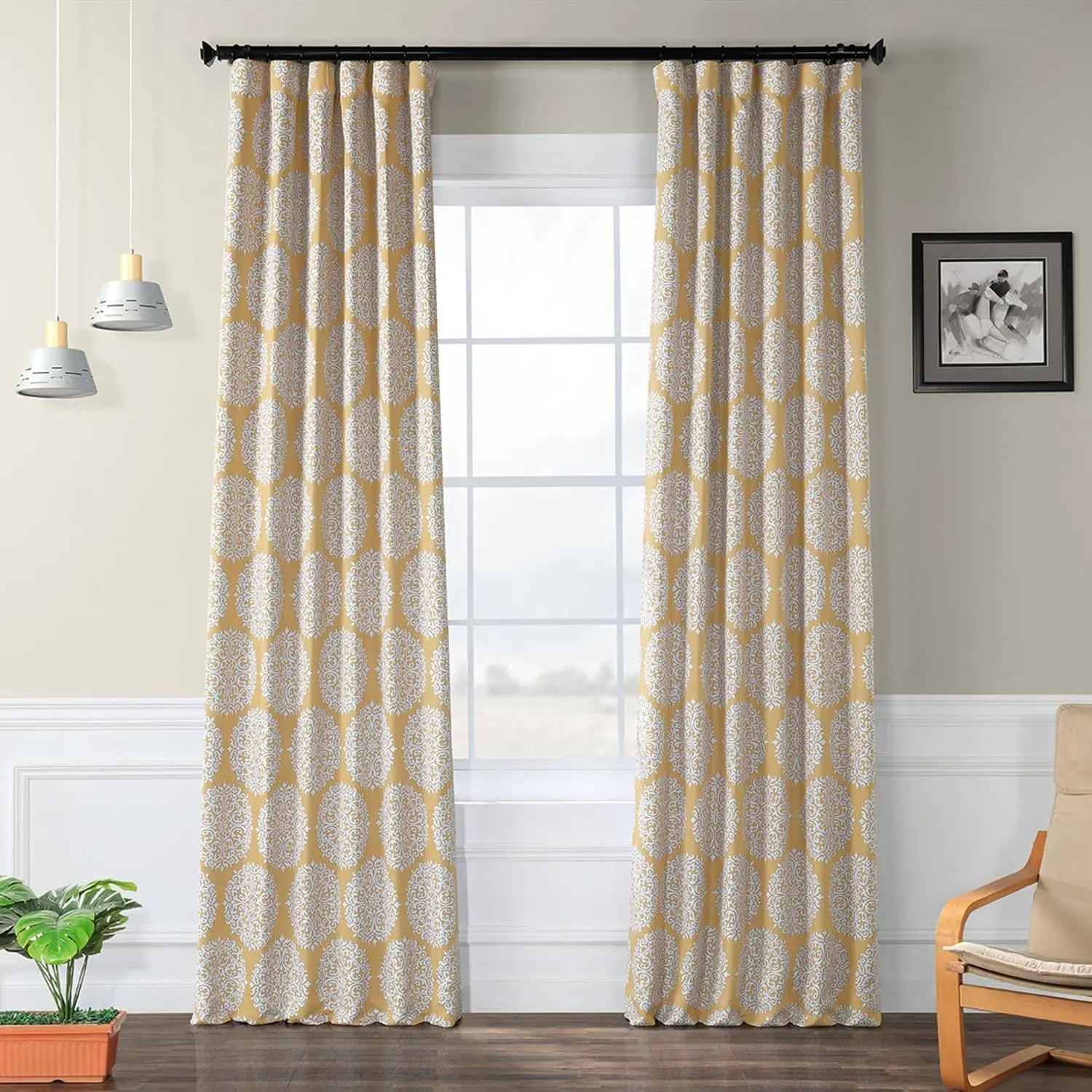 Half Price Drapes Meridian Gold Damask Room Darkening Window Curtains - PU-Enhanced Glam Pattern Textile Room Decor Curtain for Bedroom, Versatile Spaces, Window Curtains Bedroom