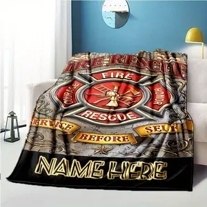 Personalized Firefighter Tribute Blanket - Soft & Cozy Polyester Throw With Customizable Name Space, Firefighter Helmet & Axes Design In Red, Black & Golden - Perfect For Home, Office, Camping - Ideal Gift For Firefighters, Relatives & Friends, Firefighte