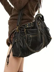 Women's Solid Color Tote Bag, Large Capacity Shoulder Bag with Adjustable Strap, Casual Trendy Versatile High-quality Daily Commuting Bag, PU Tote SatchelGift