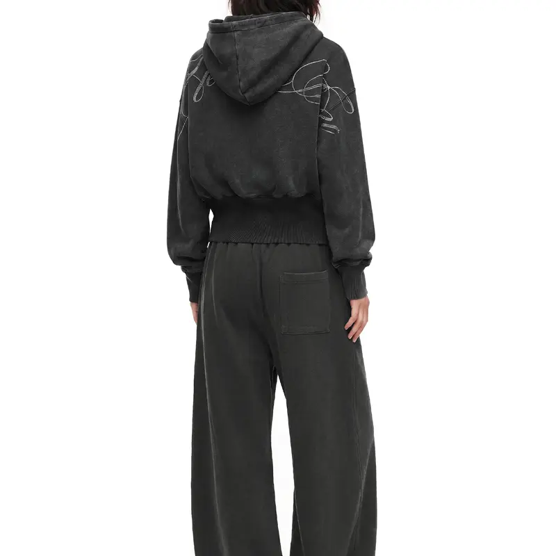 FDR  Cotton Washed Cropped Letter Rhinestone Double-Zip Hoodie for Women Vintage Loose Fit Black Casual Sweatshirt Perfect for Everydaywear Y2K Pullover Long Sleeve Tops