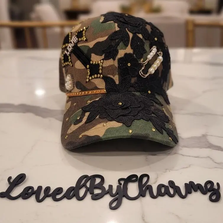Unisex Fitted Black Camo Hat - Snap Back, Rose & Black Rose Embroidery, Gold Chain Bling Detail, Floral & Graphic Styles, Bold Fashion Accessory for Self-Expression, Camo Embroidered Hats, Hand Wash Only