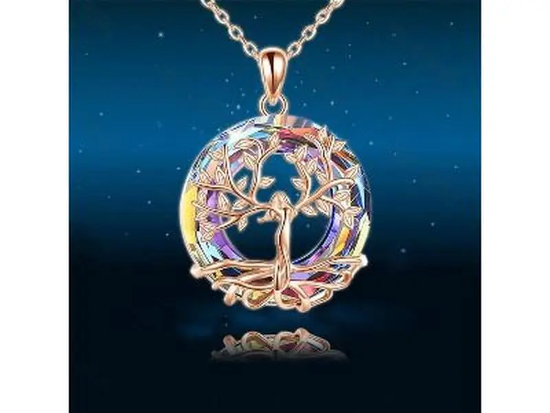 DYFUHO Tree of Life Round Necklace Rainbow Crystal Tree Necklace with Circle Crystal Pendant for Women