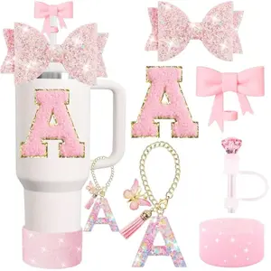 Pink Cup Accessories Set For 30OZ & 40OZ Tumbler With Handle, Letter Charms, Bow & Rhinestone Straw Covers, Glitter Silicone Boot, Personalized Sticker For Cup Accessories, Mother's Day Gift