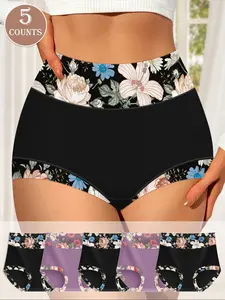 Morelect High-Waist Women's Underwear Set, 5-Pack Floral Print Comfortable Fitted Briefs, Waist Cinching Butt Lifting Quality Trunks Panties