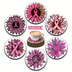 6pcs wooden pink leopard print sunflower coaster set, breast cancer public welfare publicity pattern, perfect home table decoration coasters, various party gathering decoration wooden coasters