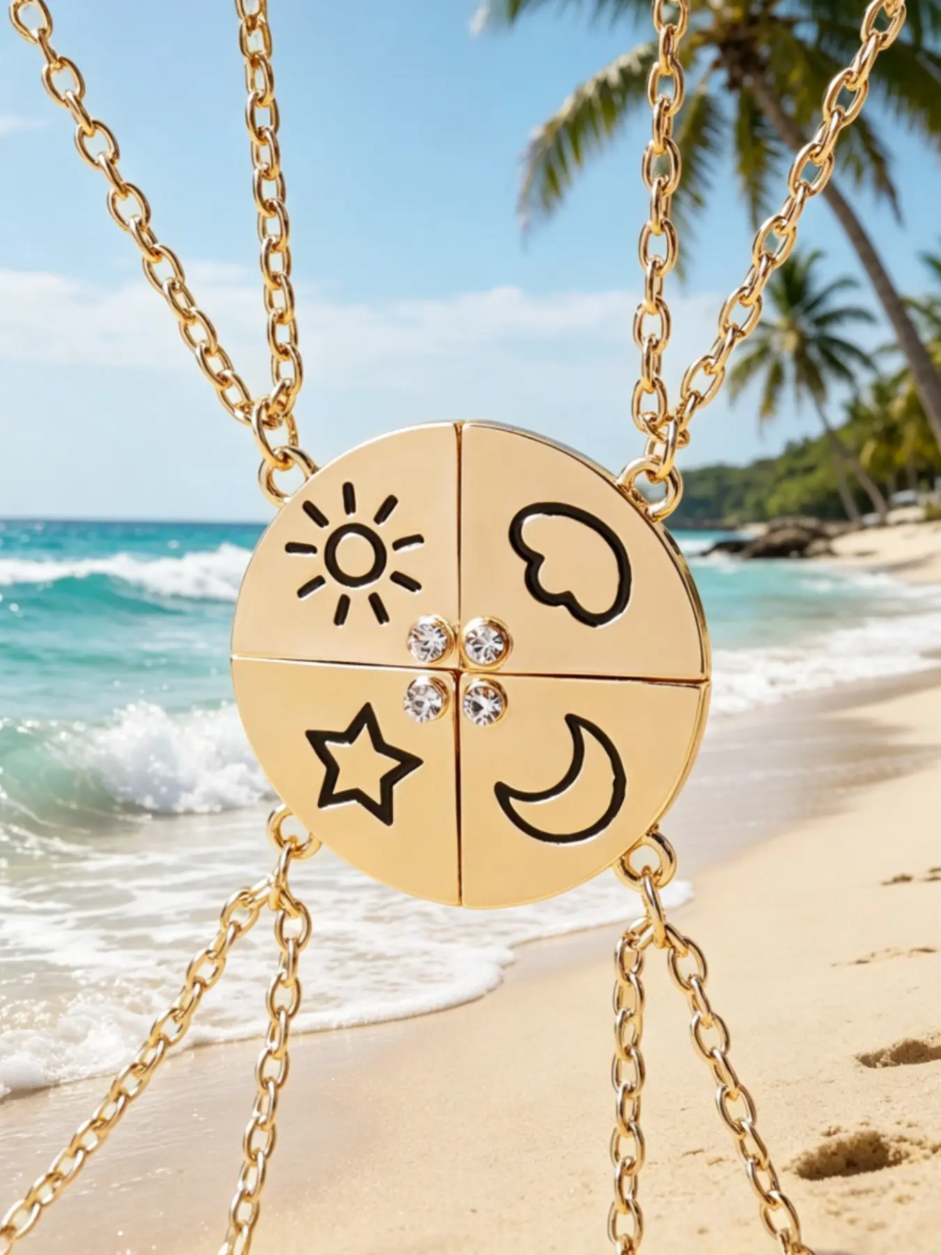 "Sun, Moon, Stars, and Clouds" 4-Piece Matching Necklace Set, Fashion Accessory Necklace, Casual Trendy Jewelry, Chain Necklaces, Jewelry Gift, Magnetic Puzzle Friendship Necklaces, Best Friend & Sister Jewelry, Birthday Gift, Custom 4-Person Puzzle Gift