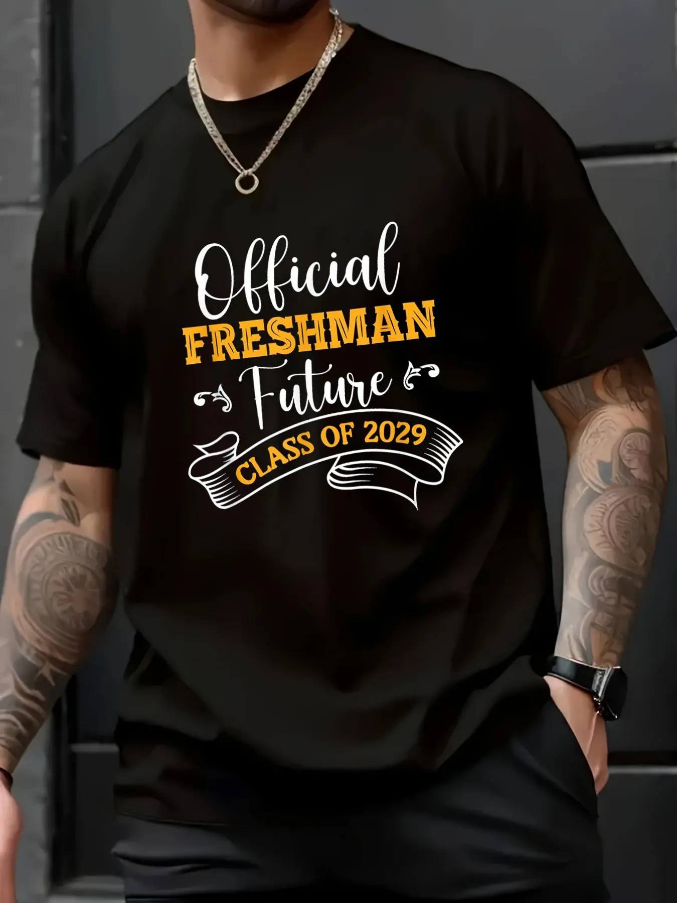 Menswear Printed Text Tshirt for First Day of School, Unisex Freshman Class of 2029 Graphic, Soft 100% Cotton Loose Fit Round Neck Top, Shortsleeve, Casual, Multi-Size, Freshman Theme