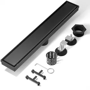 Linear Shower Drain, 304 Stainless Steel with Adjustable Leveling , Hair Strainer,Reversely Install Place to Create an Invisible Floor Drain - Black -54-Inch