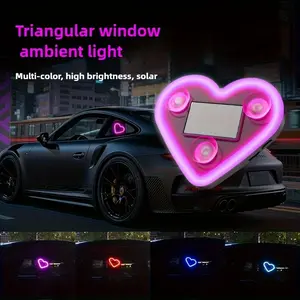 Pink Car Interior Wireless LED Light Solar Triangle Window Heart Ambient Light Portable USB Rechargeable Multi-color High Brightness for Car Decoration Christmas Gifts