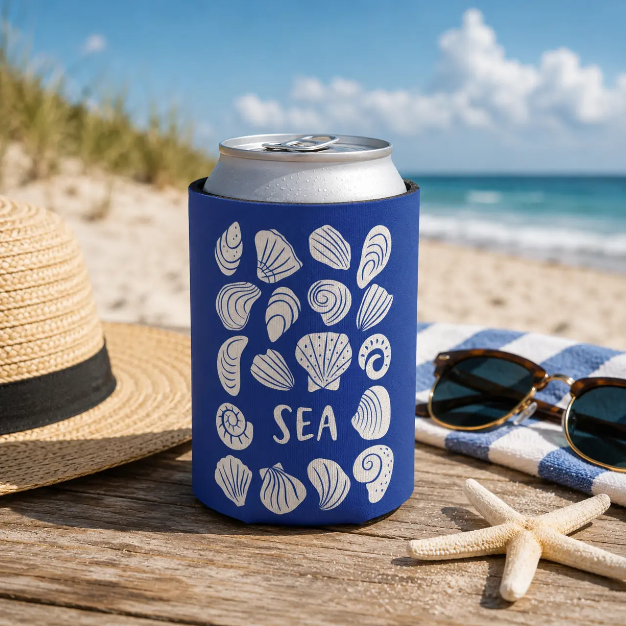 Sea Shell Can Cooler | Beach Can Koozie | Coastal Drink Sleeve | Ocean Lover Beverage Holder | Summer Beach Gift | Nautical Beer Cooler