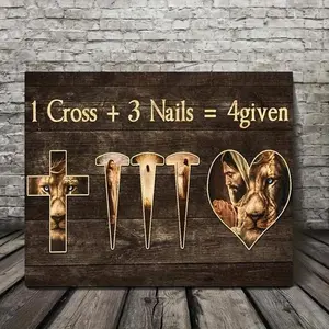 Wooden Framed Lion of Judah Jesus Pain - Cross Nails Forgiven Canvas Print Canvas Picture with Ready to Hang Gift for Bedroom Living Room Decor-Wrapped Canvas Religious Wall Religious Decoration Home Decor