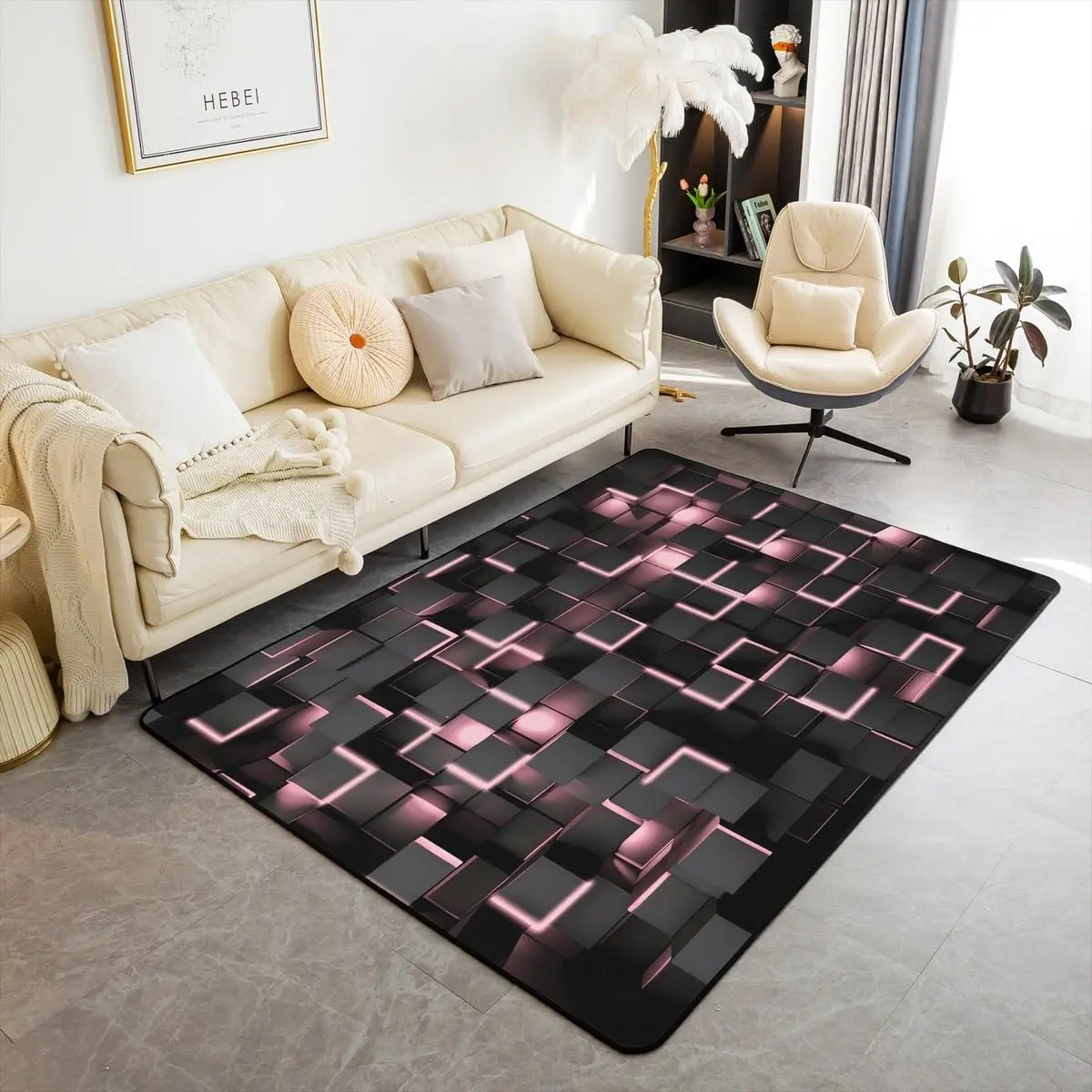 Pink and Black Rugs for Living Room Bedroom 3x5 Light Geometric Area Rug Decor Decorative Carpet Set Modern Style Indoor Floor Mat