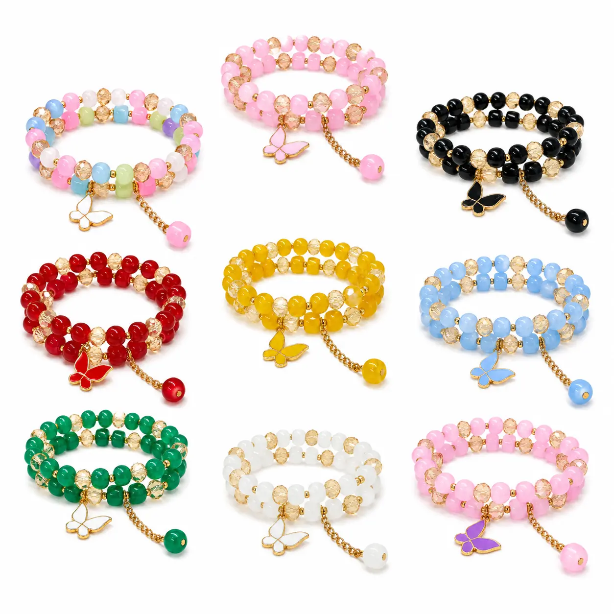 Women's 18-Piece Multicolor Butterfly Glass Bead Stretch Bracelet Set - Crystal-Style, Flower & Charm Accents, Beading DIY Supplies for Adults, Lightweight Fashion Jewelry