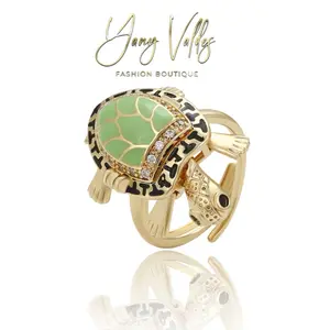 Gold Plated Turtle Ring Open Size with Green Stone and Gold Finish