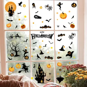 Set of 9 Hand-Drawn Halloween Stickers (20x30cm), Static Cling Pumpkin Ghost Castle Decorations for Living Room & Bedroom Windows