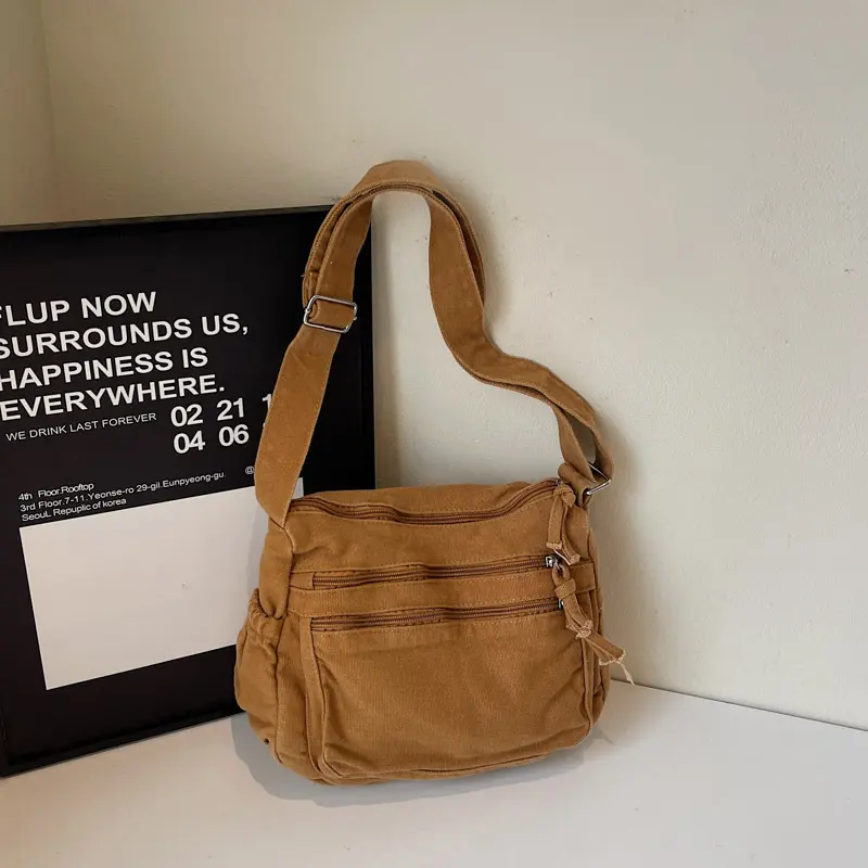 Summer Daily Essential Small Square  For Women Urban Minimalist Crossbody Shoulder  Washed Fabric Medium Size Zipper Closure Black Off White Brown Green