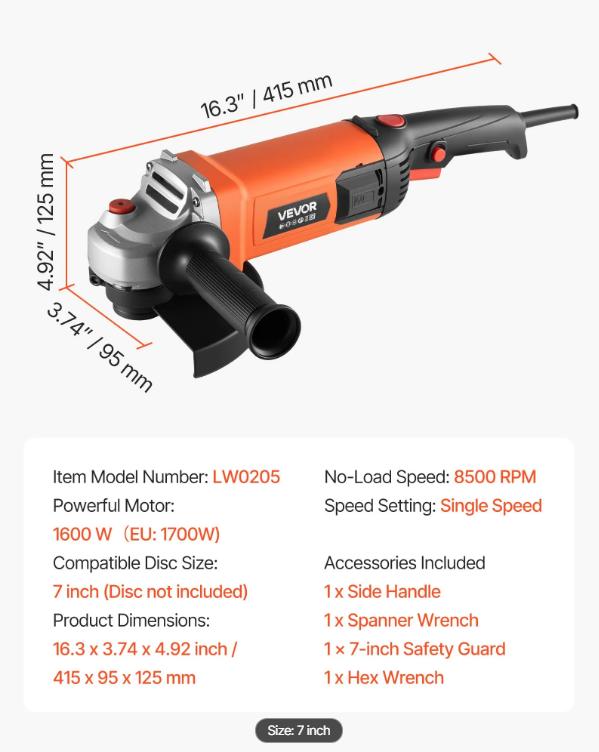 Angle Grinder, 7" Electric Grinder Power Tool, 13Amps 8500RPM High-Speed Corded Angle Grinders with 270° Adjustable Dust Guard for Metal Grinding, Cutting, Rust Removal (Disc Not Included)