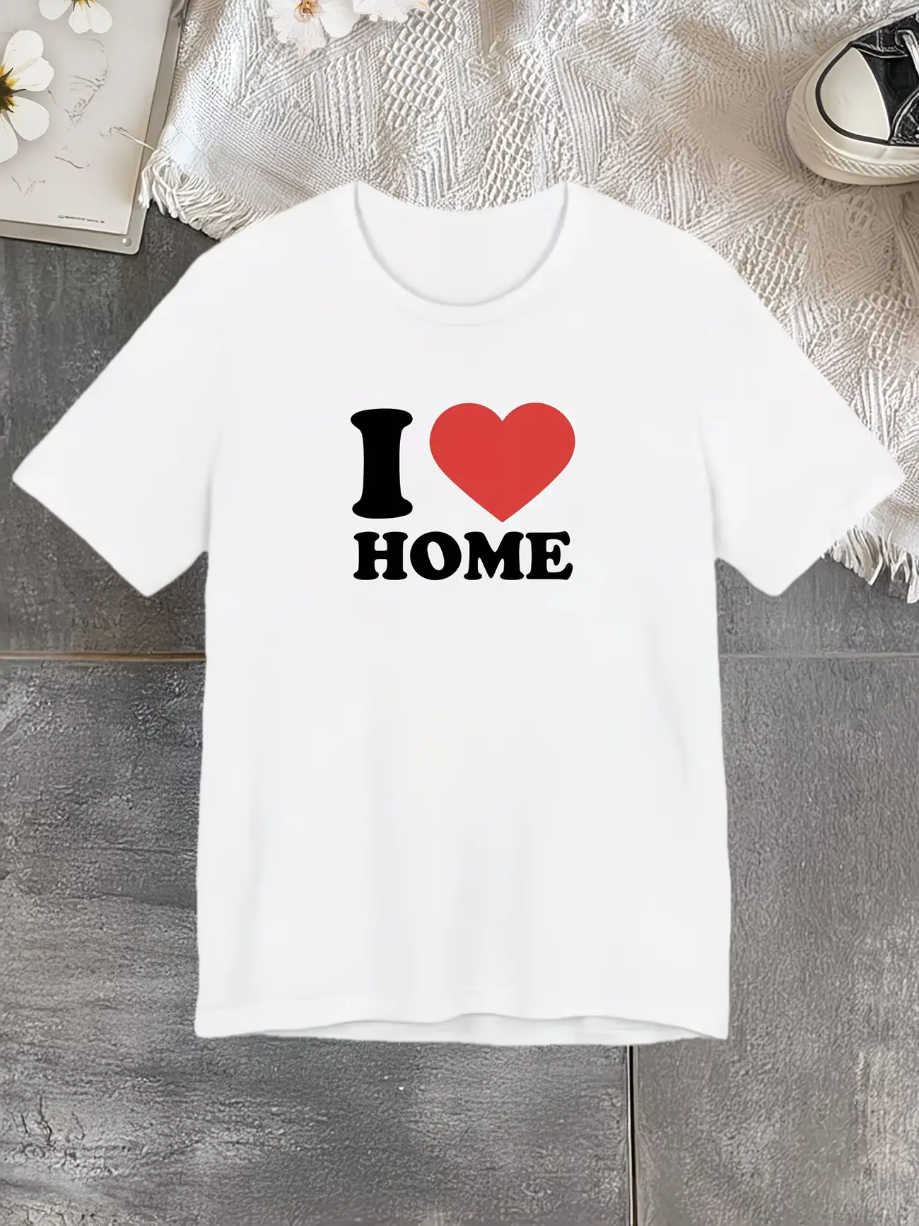 I Love Home Red Heart Graphic T-Shirt, Simple Bold Text Crewneck, Unisex Soft Cotton Casual Tee