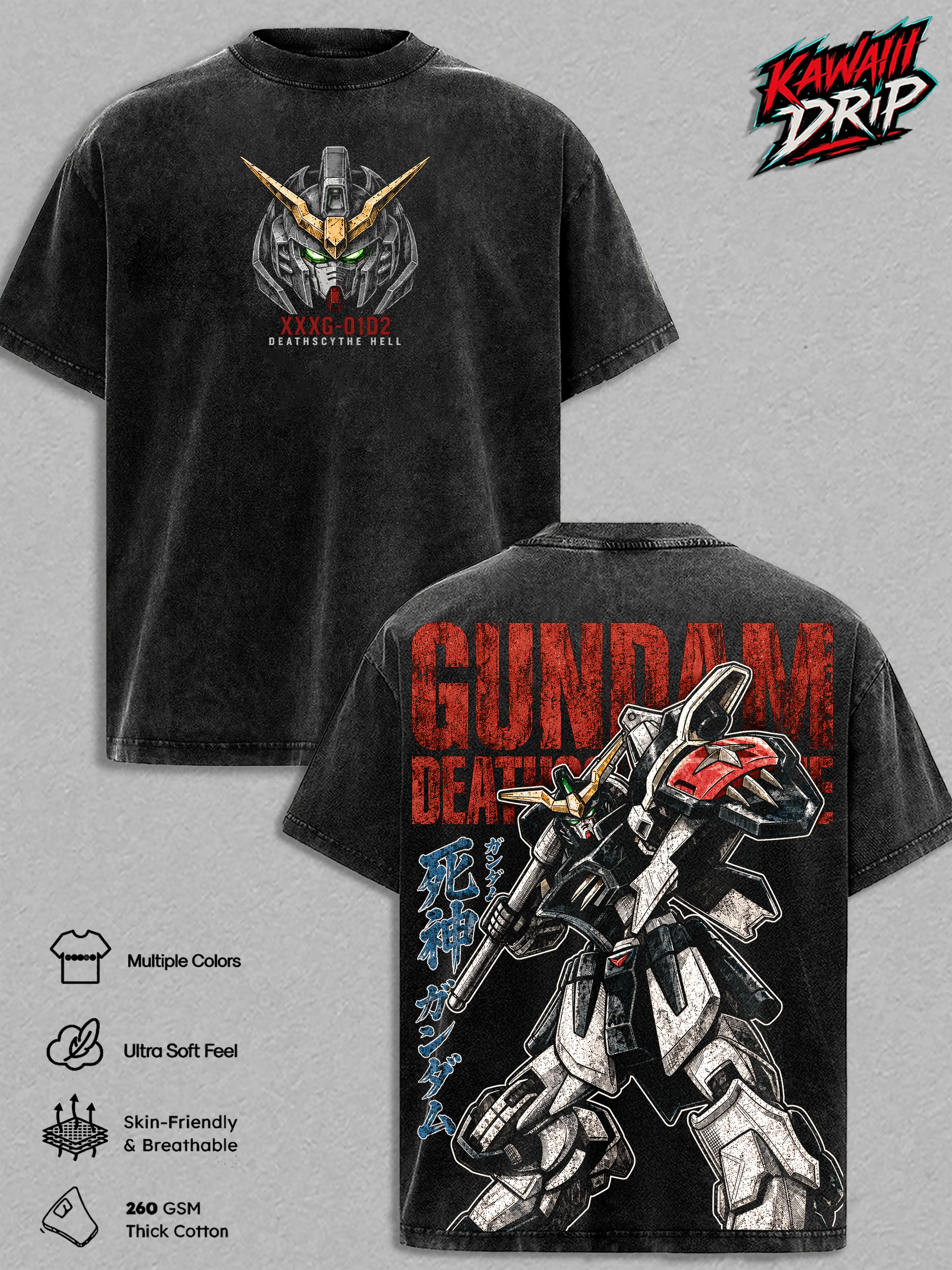 Gundam Deathscythe XXXG-01D2 Vintage Washed T Shirt Anime Graphic Tee Oversized Streetwear Top Cotton Tshirt Classic Menswear Clothes Apparel Gift for Gundam Fans Men & Women