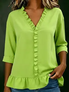 Summer V Neck Ruffle Seven-Quarter Sleeve Linen Feel Waist Cinched Shirt Blouse, Women's Casual Commuter Slimming Top, Loose-Fitting Plain Pattern