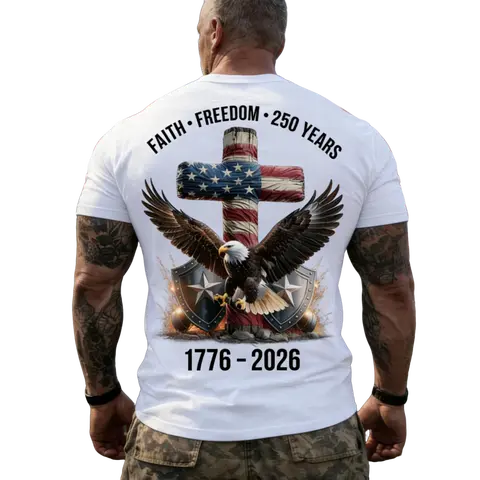 Mens Shortsleeve T-Shirt - Menswear Top, Round Neck Casual Streetwear, Majestic Bald Eagle Design with US Flag & Cross (Faith, Freedom), 250th Anniversary Shirt for American Independence Celebration