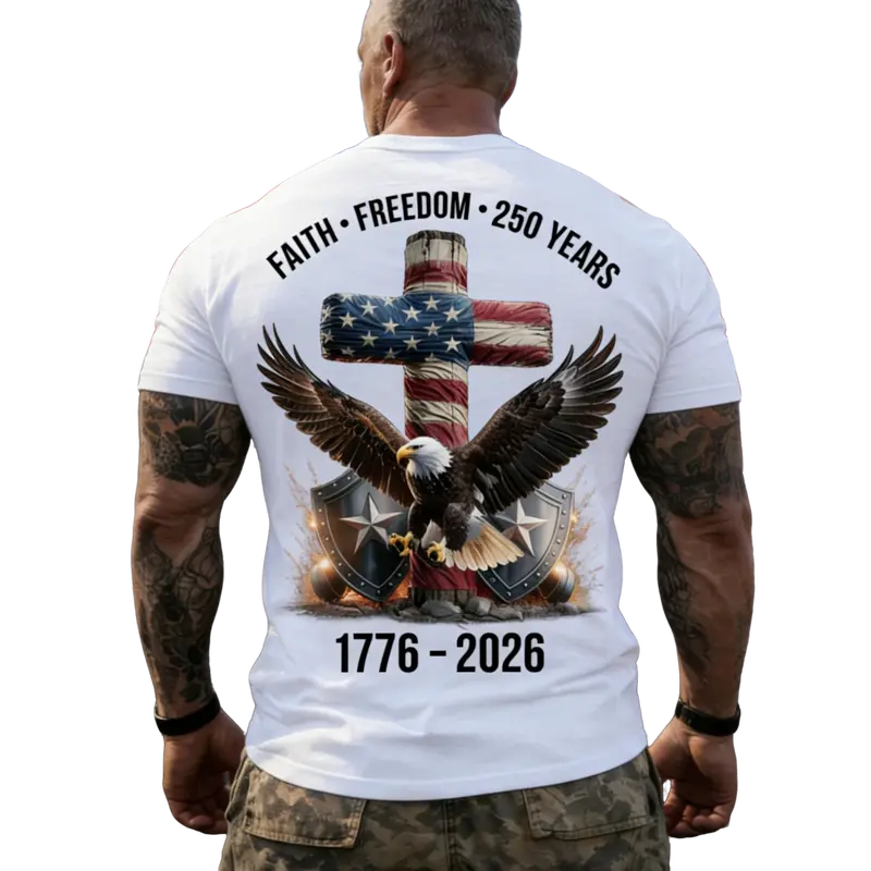 Mens Shortsleeve T-Shirt - Menswear Top, Round Neck Casual Streetwear, Majestic Bald Eagle Design with US Flag & Cross (Faith, Freedom), 250th Anniversary Shirt for American Independence Celebration