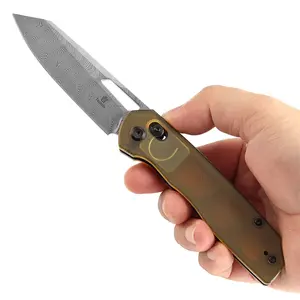 Tenable Shard | Cross Bar Lock Folding Knife | 3.47'' Damascus Blade | Amber PEI Handle | Kim Ning Design | T1006V7